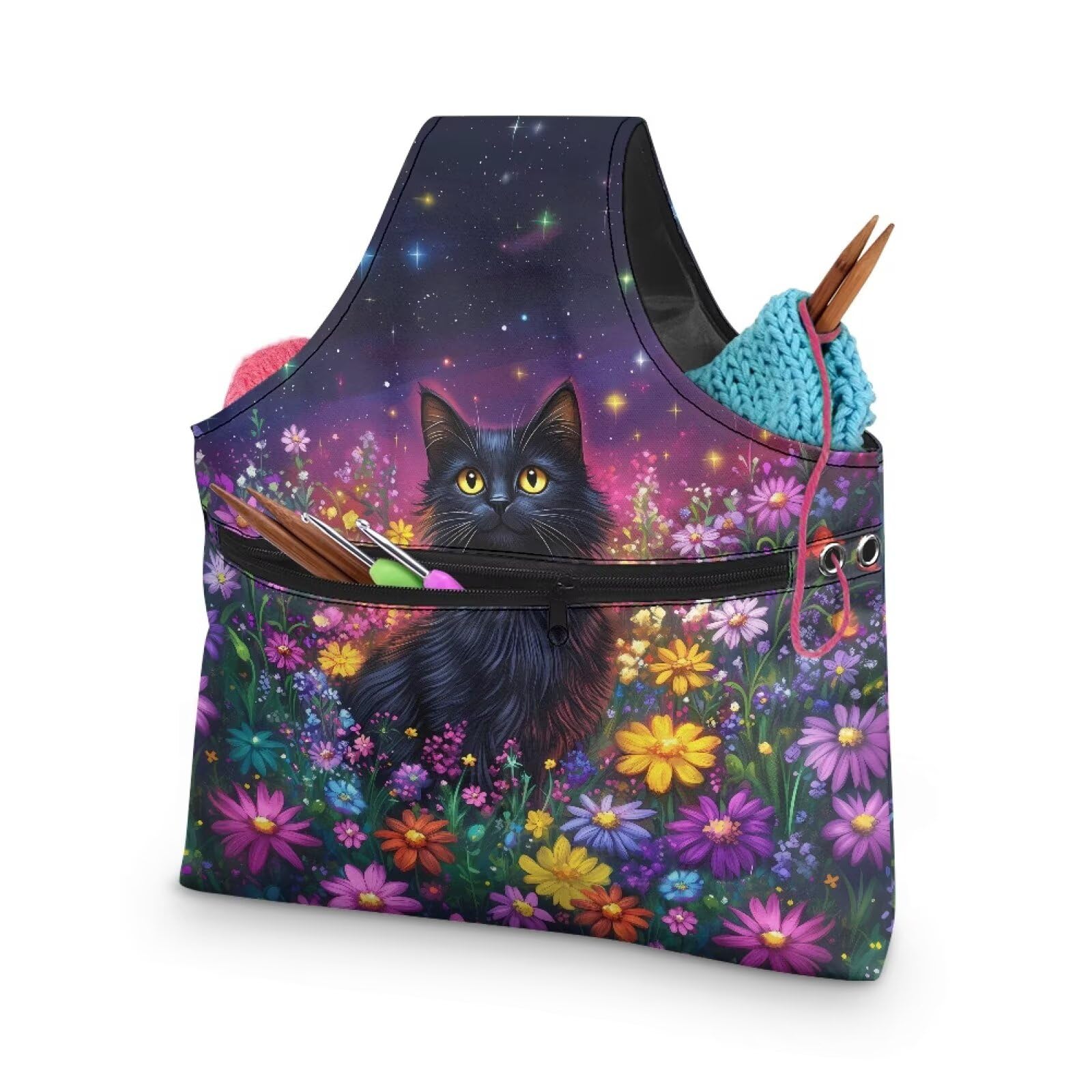 ZUXONGSYBlack Cat Yarn Bags for Knitting Floral Yarn Storage Organizer for Crochet Portable Knitting Project Bag