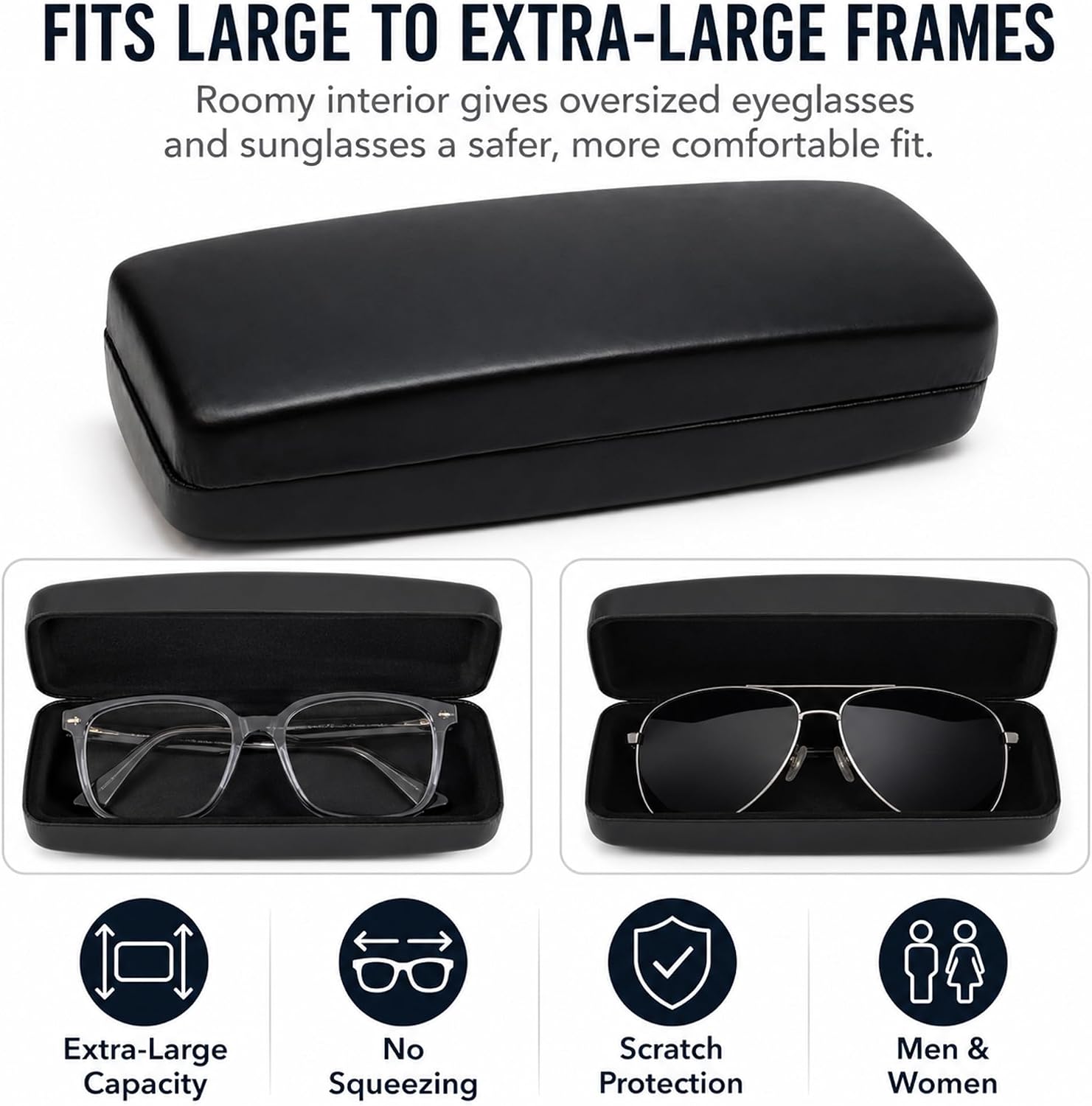 Calabria S412 Extra Large Hard Shell Eyeglass Case – Black Snap Closure Glasses Case with Soft Felt Interior