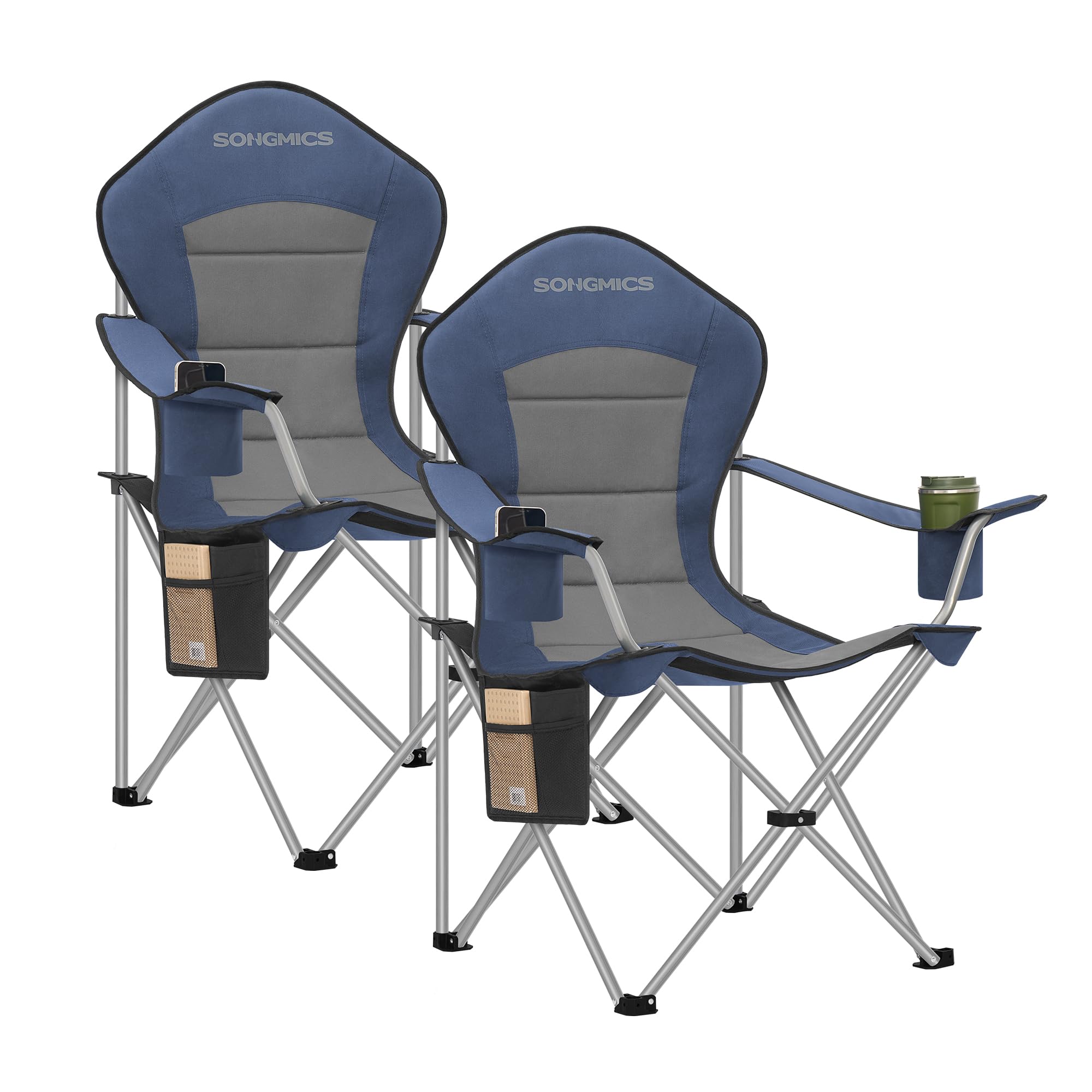 SONGMICS Set of 2 Camping Chairs, Folding Outdoor Chairs with Wide Seat and High Back, Portable Garden Picnic Chairs with Cup Holder, Phone Holder and Side Pocket, Blue and Grey GCB005QE01-2J