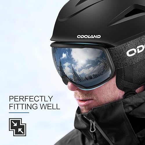 Miniatura 8 de Odoland Casco de snowboard, casco de esquí con gafas de esquí para adultos, carcasa de policarbonato duradera y espuma EPS, cascos de nieve de