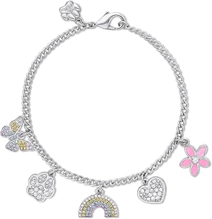 Crystal Charm Bracelet with Rainbow, Butterfly, Paw Print, Heart and Flower, Silver