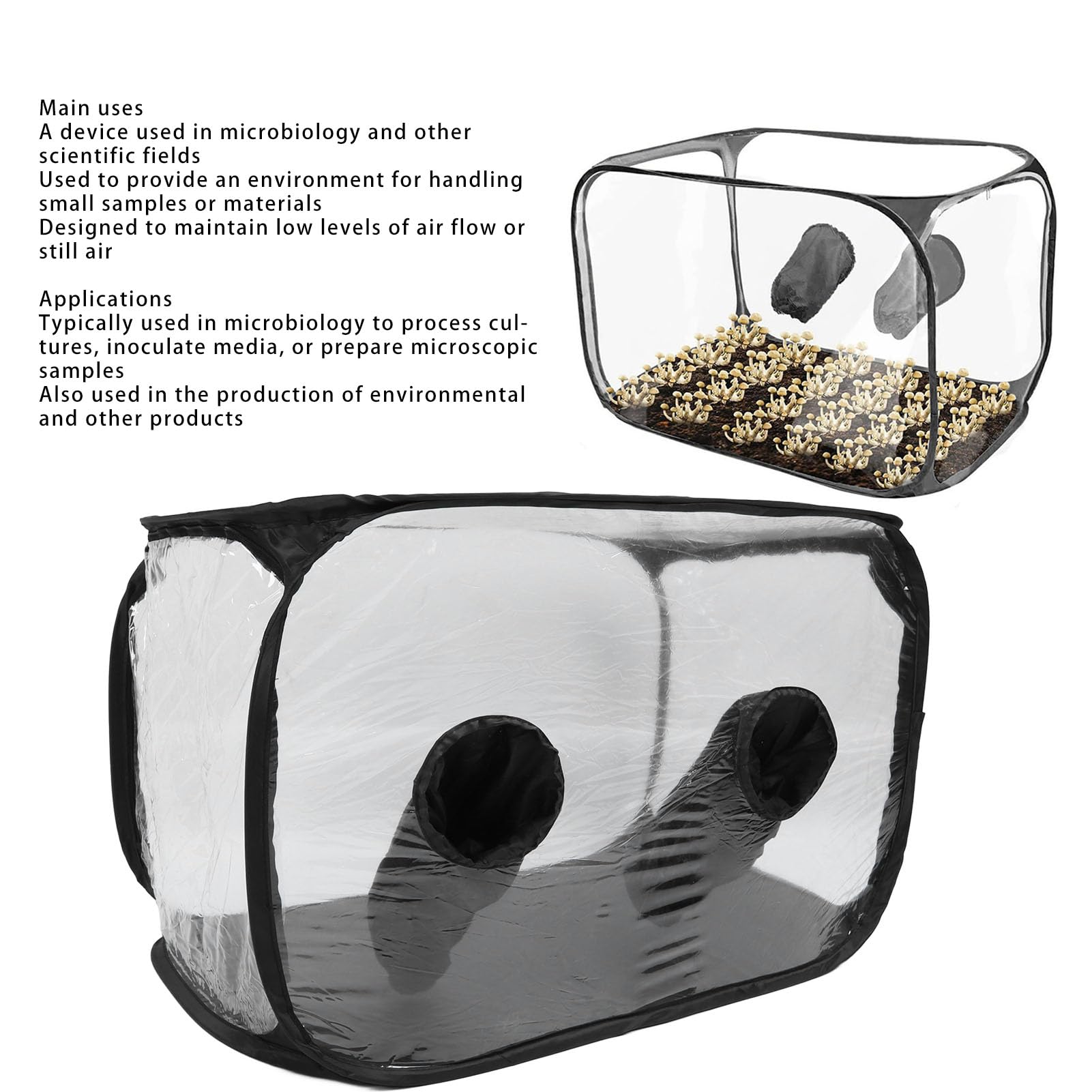 SIXRUN Caja de Aire Quieto para Microbiología, PVC Transparente Plegable, con Soporte de Acero Inoxidable, 80x50x50cm, Portátil para Cultivo de Hongos