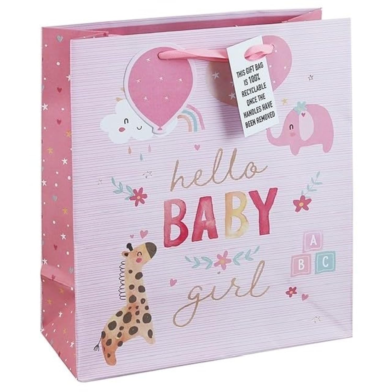 EurowrapHello Baby Girl Giraffe Gift Bag, Large, Pink