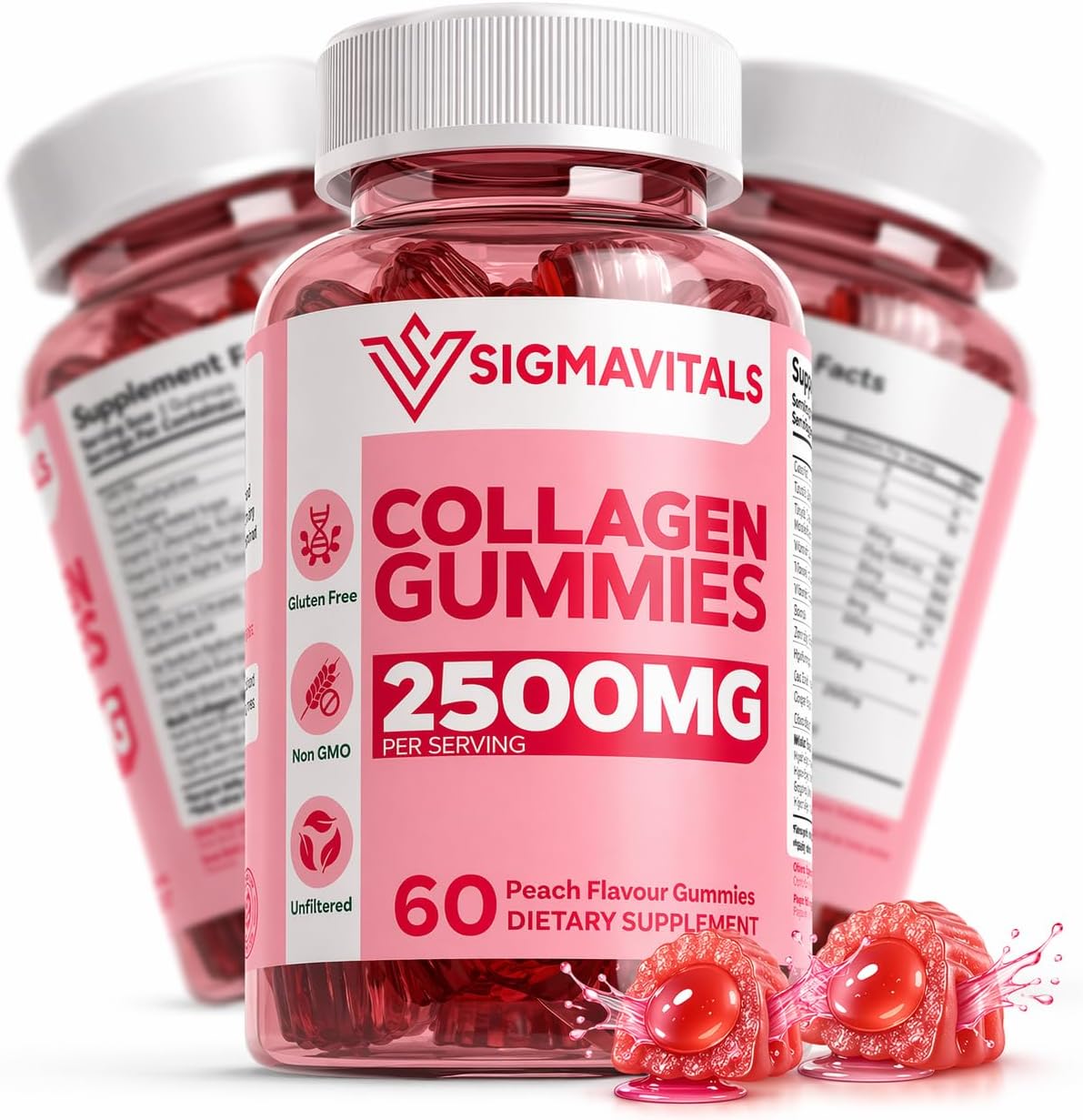 2500mg Center Filled Collagen Gummies for Women & Men with Biotin, Vitamin C, Hyaluronic Acid | Supports Skin Hair Nails & Joints, Sugar-Free Hydrolized Collagen Peptides, 60 Peach Flavor Gummies