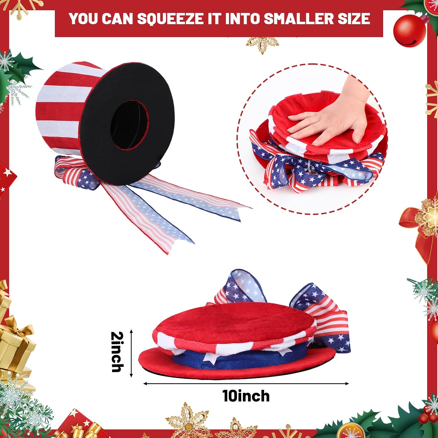Soaoo 4th of July Tree Topper Large Patriotic Red White and Blue Hat with Striped Wreath Bow Patriotic Tree Decorations for Indoor Outdoor Independence Day Memorial Day Decor