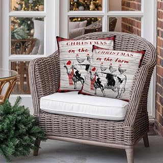 Outdoor Throw Pillow Covers,Farm Cow Chicken White Wood Waterproof Decorative Pillow Cover Pack of 2,Rustic Animal Christmas Checkered Cushion Cover Pillowcase for Sofa Couch Patio Garden