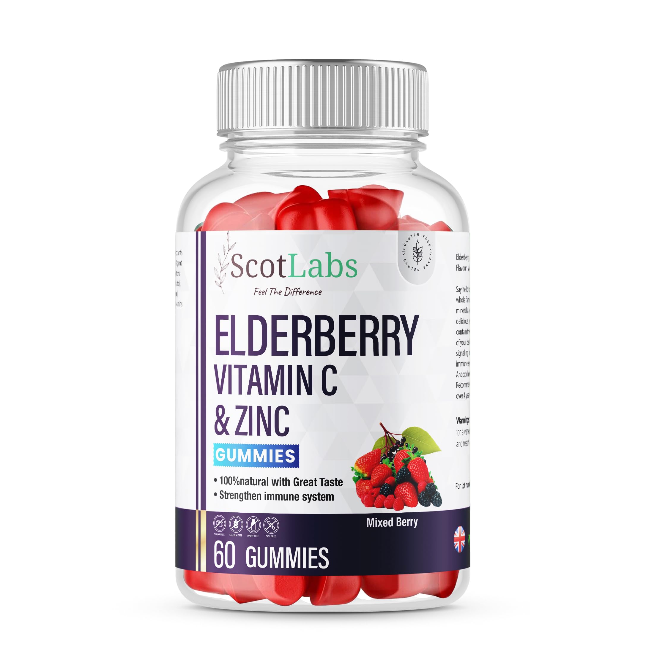 Immune Support Complex Gummies - Elderberry, Vitamin C & Zinc Gummy | Mixed Berry Flavor Vegetarian, Non-GMO, NO Sugar and Gluten Free Candy Suitable for Adults & Kids (12+)