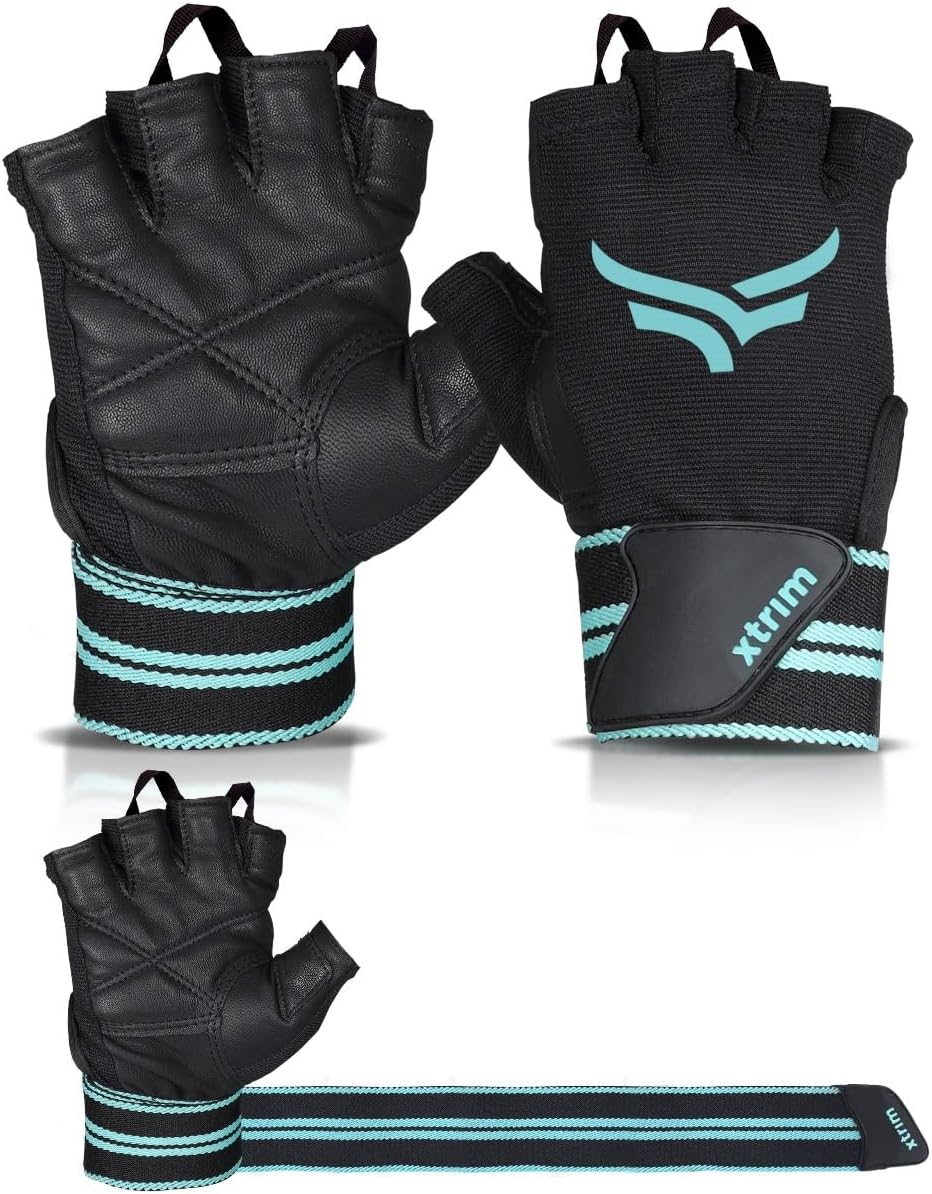 XTRIM X-Macho Leather Gym Gloves for Men & Women with Wrist Support Accessories for Weightlifting, Hand Exercise Gloves with Half-Finger Length for Gym Workout (XL (Fits 8.5-9.5 inches), Blue-Black)