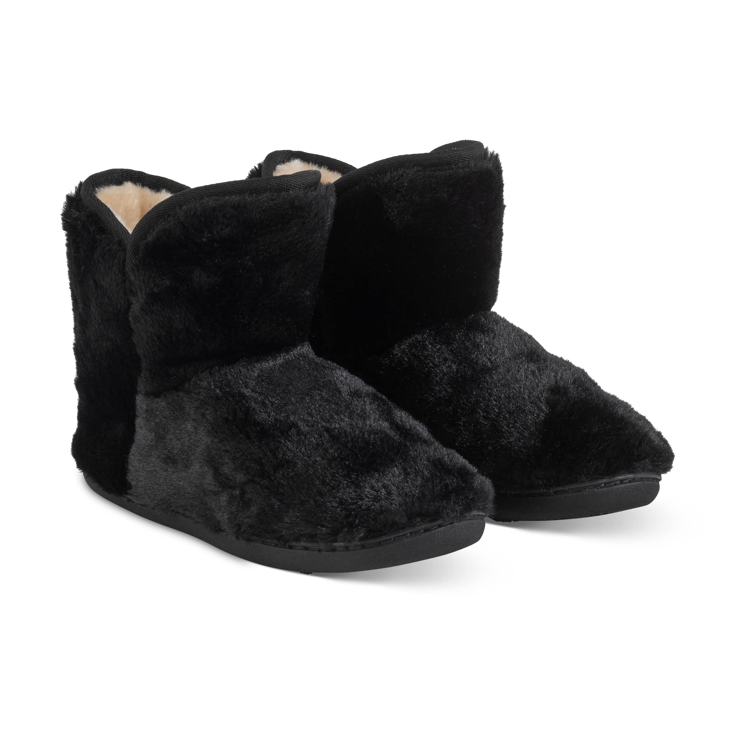 Polar Womens Memory Foam Indoor Faux Fur Fleece Bootie Rubber Sole Comfort Outdoor Anti Slip Durable Slippers - Black Fur - AYC0862 - EU41/UK8