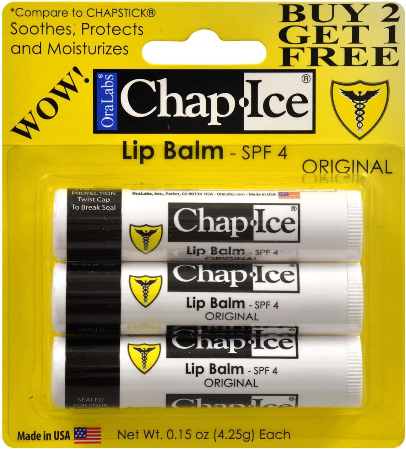 Chap-Ice SPF 4 Premium Lip Balm, Original , 3 pack