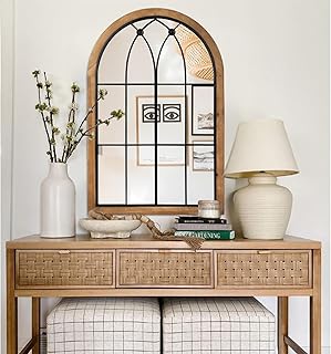 Farmhouse Wooden Arched Mirror, Decorative Arch Mirror Wall Decor, Rustic Window Pane Mirrors, Wood Framed Wall Mirrors for Entryway, Living Room