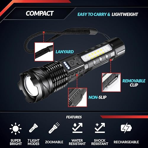 Miniatura 6 de PeakPlus Linternas recargables para el hogar 2 unidades de alto lúmenes súper brillantes 7 modos IPX6 impermeable zoomable luces LED flash para