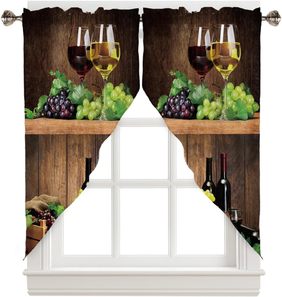 Swag Curtain,Farm Fruits Grape Wine Glass Kitchen Valances Rod Pocket Curtains Tier Pair Swag Topper,Barrel Retro Wood Board Rustic Style 2 Panels Window Treatment for Bathroom Living Room Bedroom