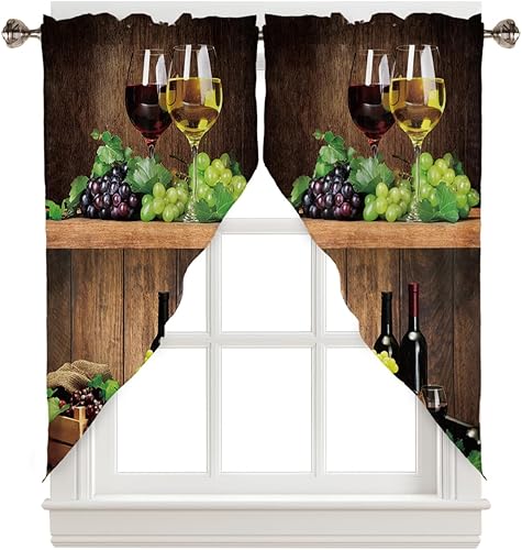 Cenefas de cortina con estampado de vino tinto para ventanas de cocina, uva, fruta, barril, madera, cortinas, par de niveles para cocina,