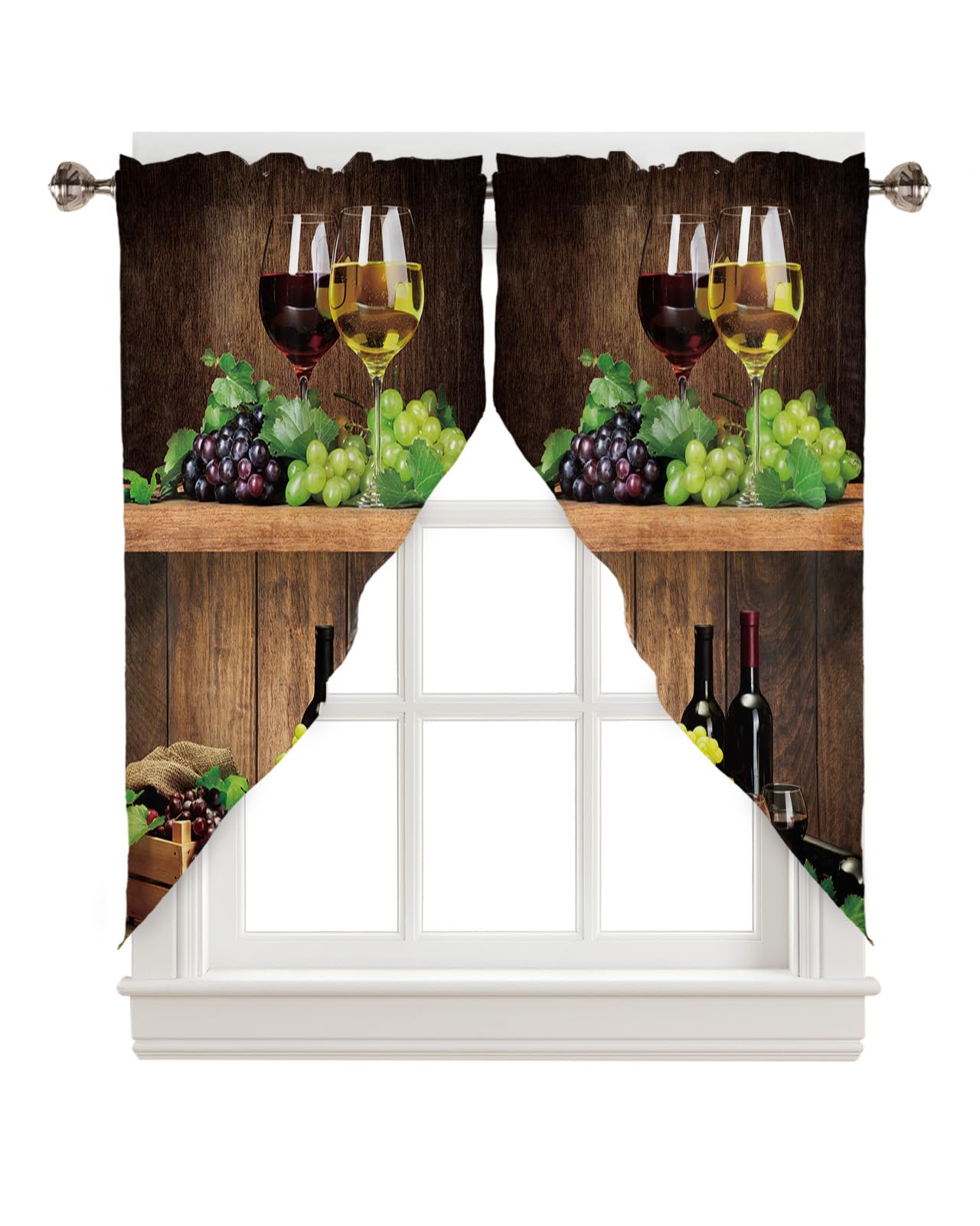 Swag Curtain,Farm Fruits Grape Wine Glass Kitchen Valances Rod Pocket Curtains Tier Pair Swag Topper,Barrel Retro Wood Board Rustic Style 2 Panels Window Treatment for Bathroom Living Room Bedroom