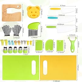 28PCS Toddler Knife Set - Kids Knifes for Real Cooking, Wooden Kids Kitchen Knife Set with Gloves Cutting Board Crinkle Cutters Kid Safe Knives, Toddlers Kitchen Tools