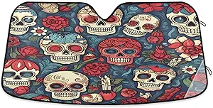 ALAZA Day of The Dead Floral Sugar Skull Car Windshield Sun Shade Blocks Foldable Car Front Window Sunshade Automotive UV Rays Sun Visor Protector