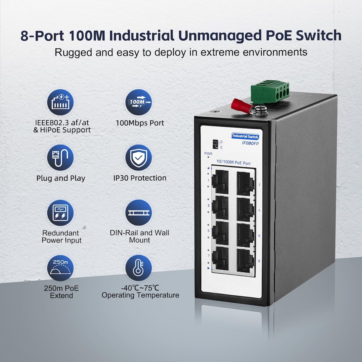 Commutateur Industriel Mini PoE+ à 8 Ports, Fast Ethernet 10/100 Mbps, Montage sur Rail DIN et Mural, Non géré IP30 (-40 à 185 °F) Commutateur PoE Industriel renforcé YuLinca