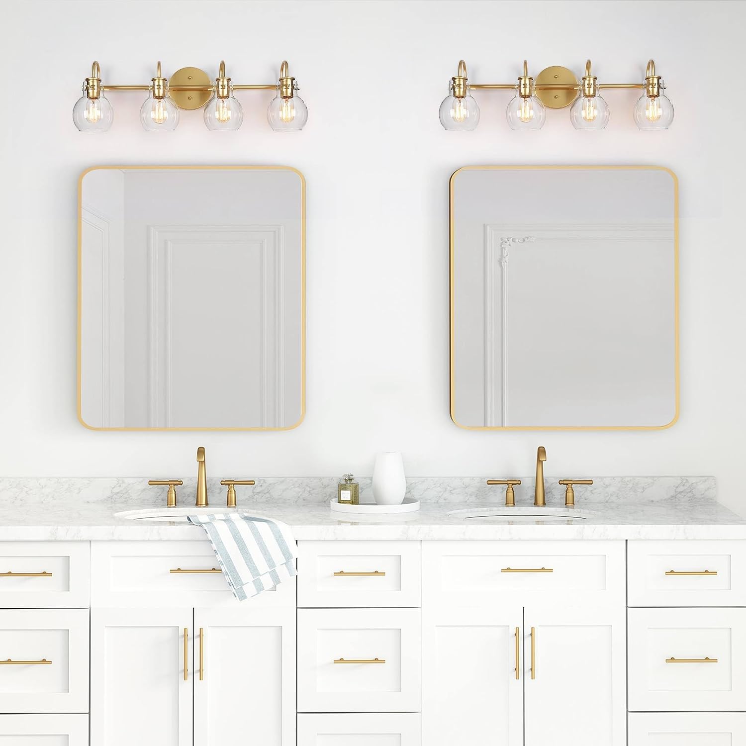 LALUZ Bathroom Light Fixtures, 4-Light Gold Bathroom Vanity Light with Globe Clear Glass, Modern Vanity Lights for Bathroom, Powder Room