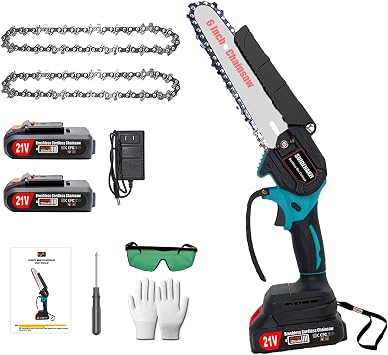 Mini Chainsaw 6 Inch, Cordless Electric Chainsaw Battery Powered chainsaws with 2 Pcs 21V/2000mAh Rechargeable Battery, Brushless Handheld Small Chainsaw for Wood Cutting Tree Trimming