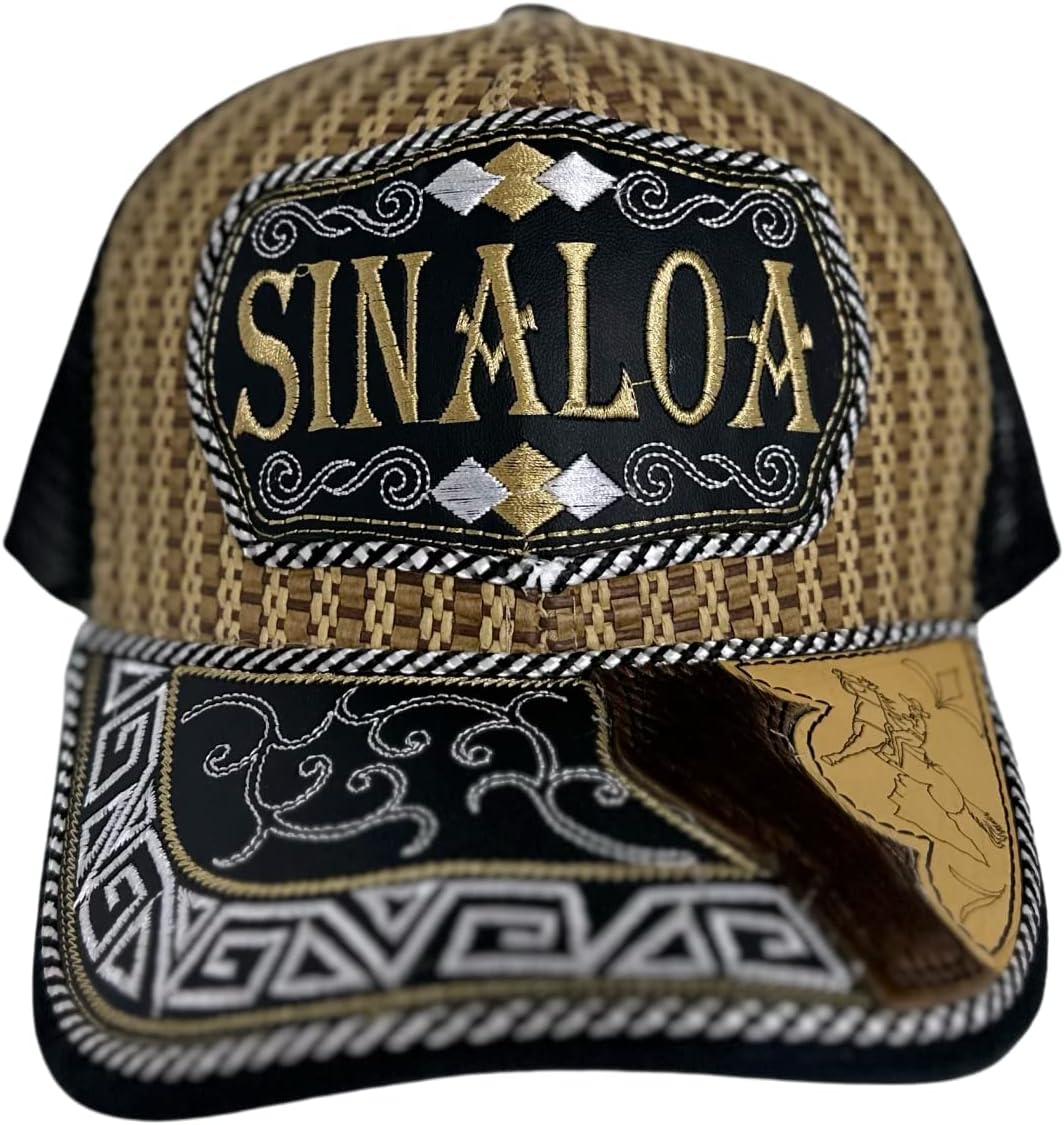 Straw Design Rodeo Cowboy with Mexican State Trucker Mesh Baseball Cap Gorra Artesanal con Bordado del Estado