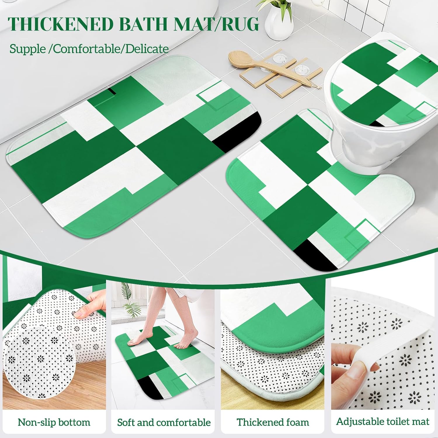 4 Pcs Green Geometric Bathroom Shower Curtain Sets with with Toilet Lid Cover and Non-Slip Rugs, Green Modern Abstract Bathroom Decor Sets with Shower Curtain and Rugs for Bathroom