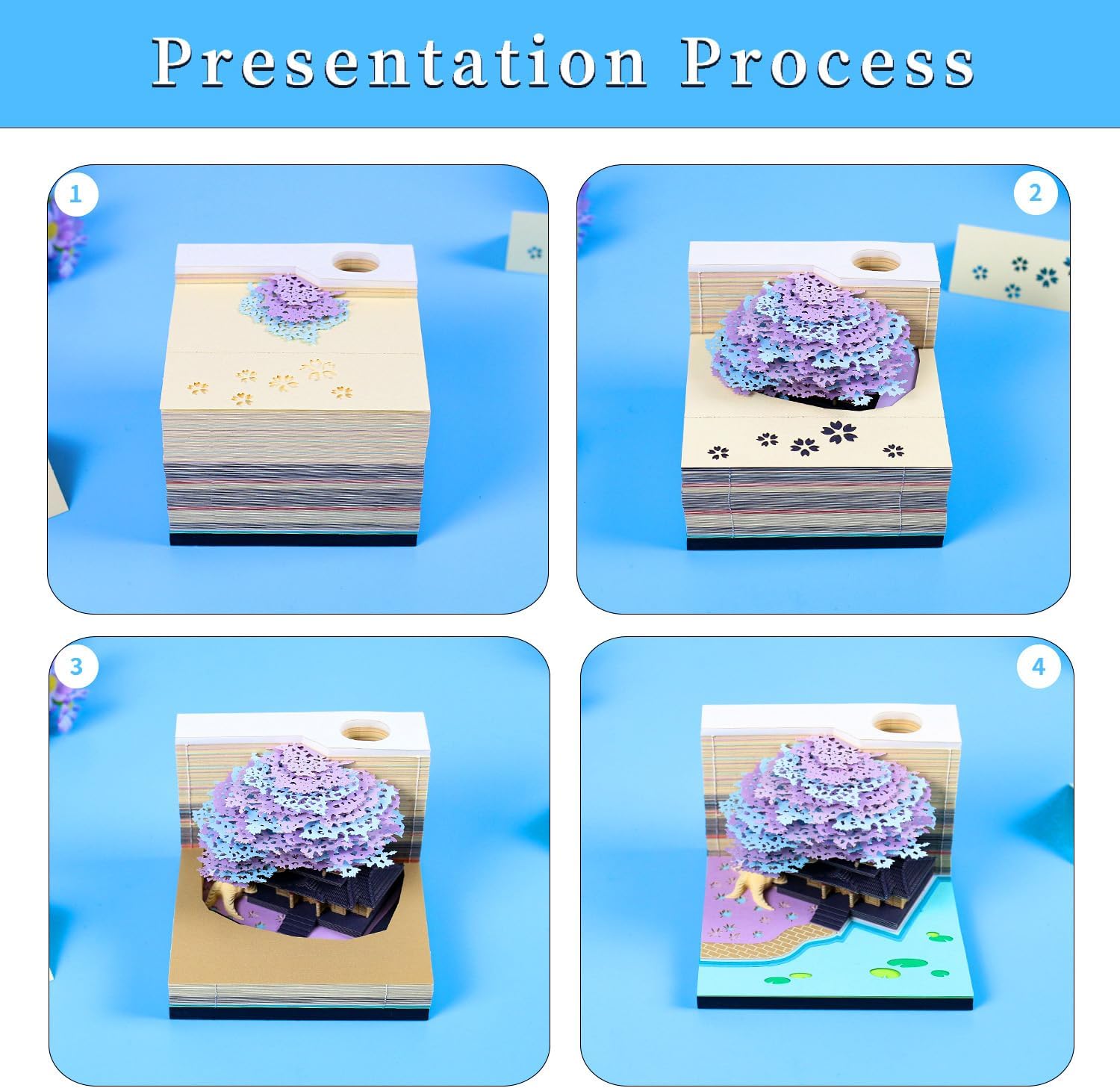 3D Memo Pad 260 Sheets Purple Tree House Notepad with Light Kawaii Sticky Note Pad 3D Paper Carving Art Craftwork Omoshiroi Desk Decoration Pen Holder DIY High-Grade Creative Gift