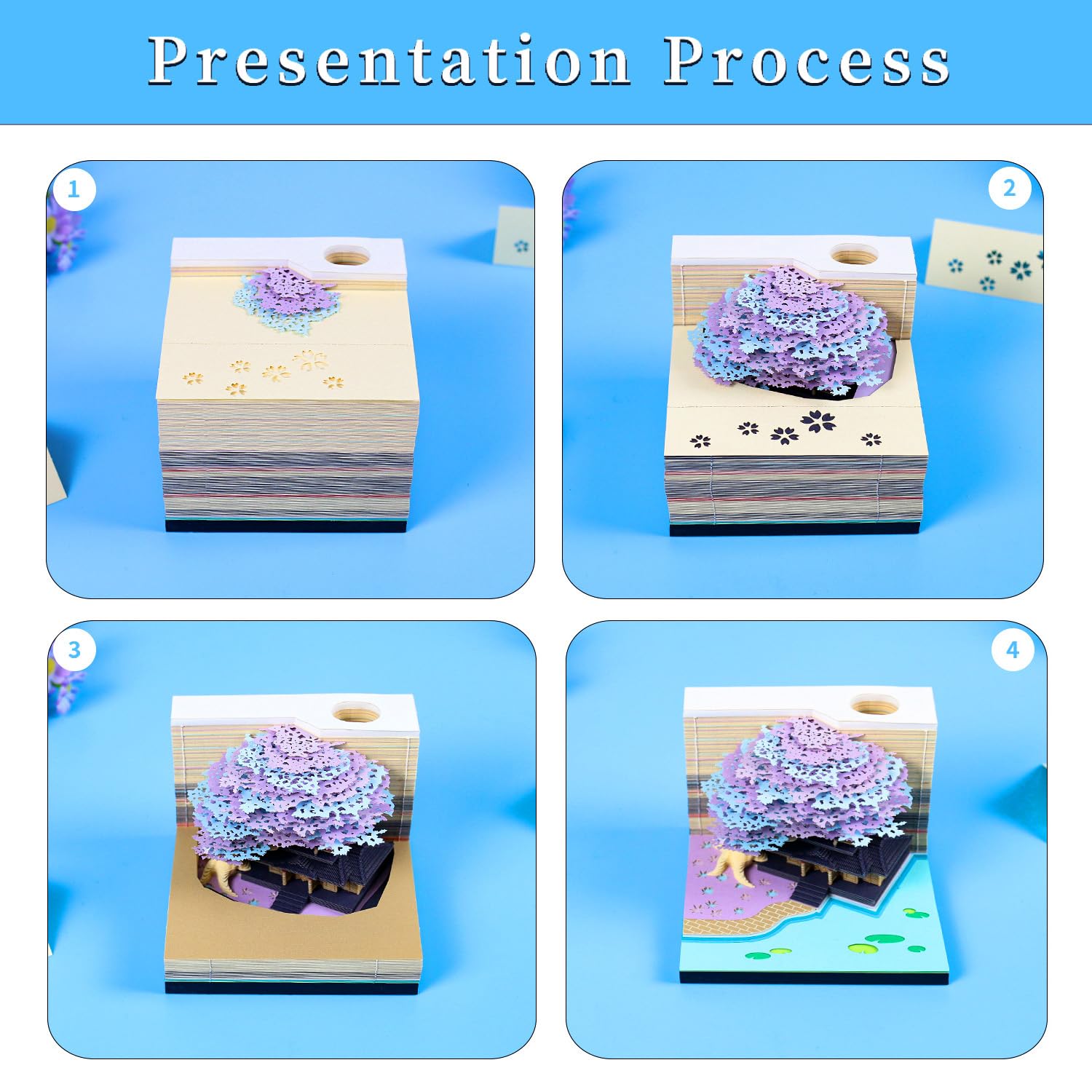 3D Memoblock 260 Blatt Lila Baumhaus Notizblock mit Licht Kawaii Haftnotiz Block 3D Papier Schnitzen Kunst Handwerk Omoshiroi Schreibtisch Dekoration Stifthalter DIY Hochwertiges kreatives