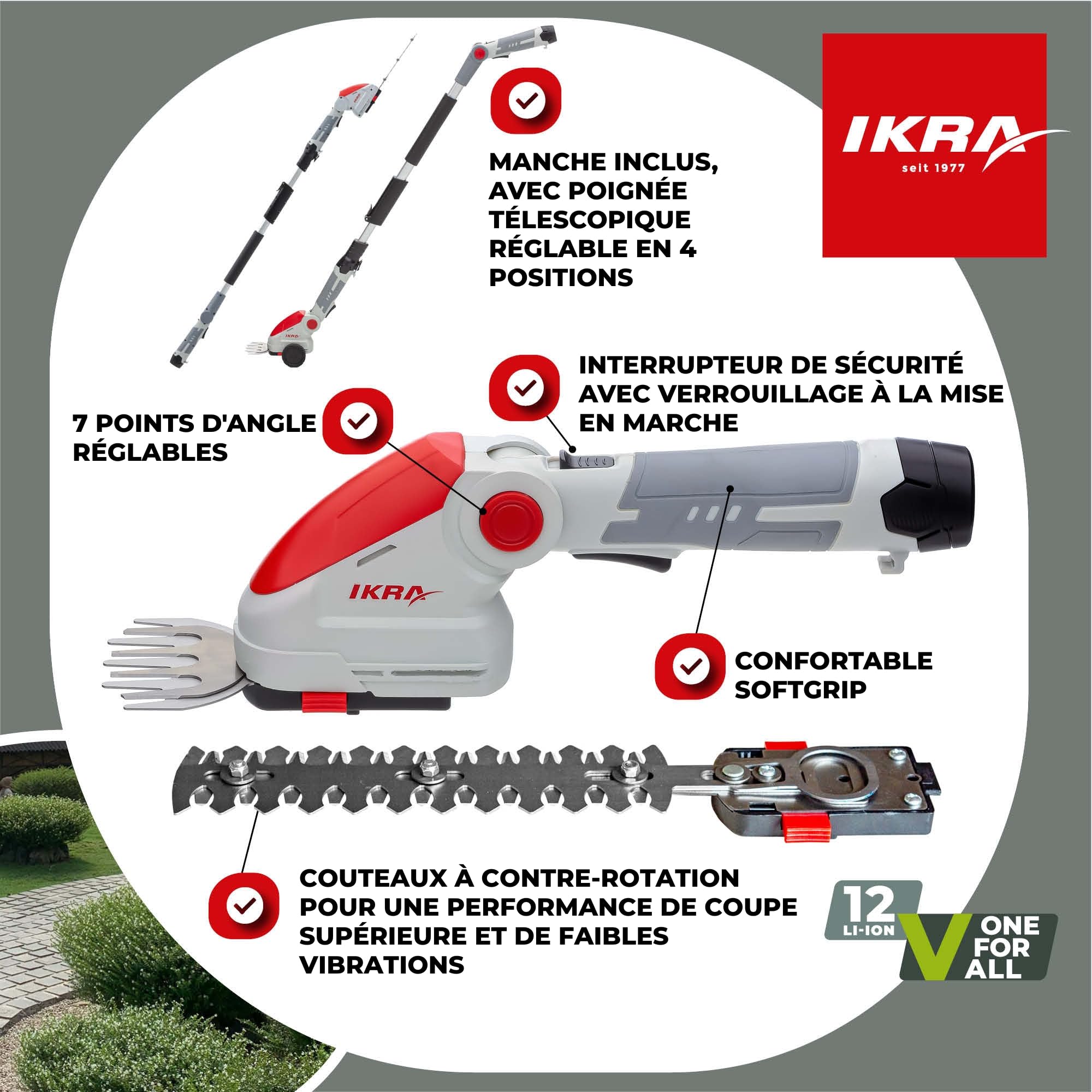 IKRA cisaille à Gazon & Taille-buissons télescopique sans Fil IGBS 1210 F avec Batterie & Chargeur, Lames « Made in Germany »
