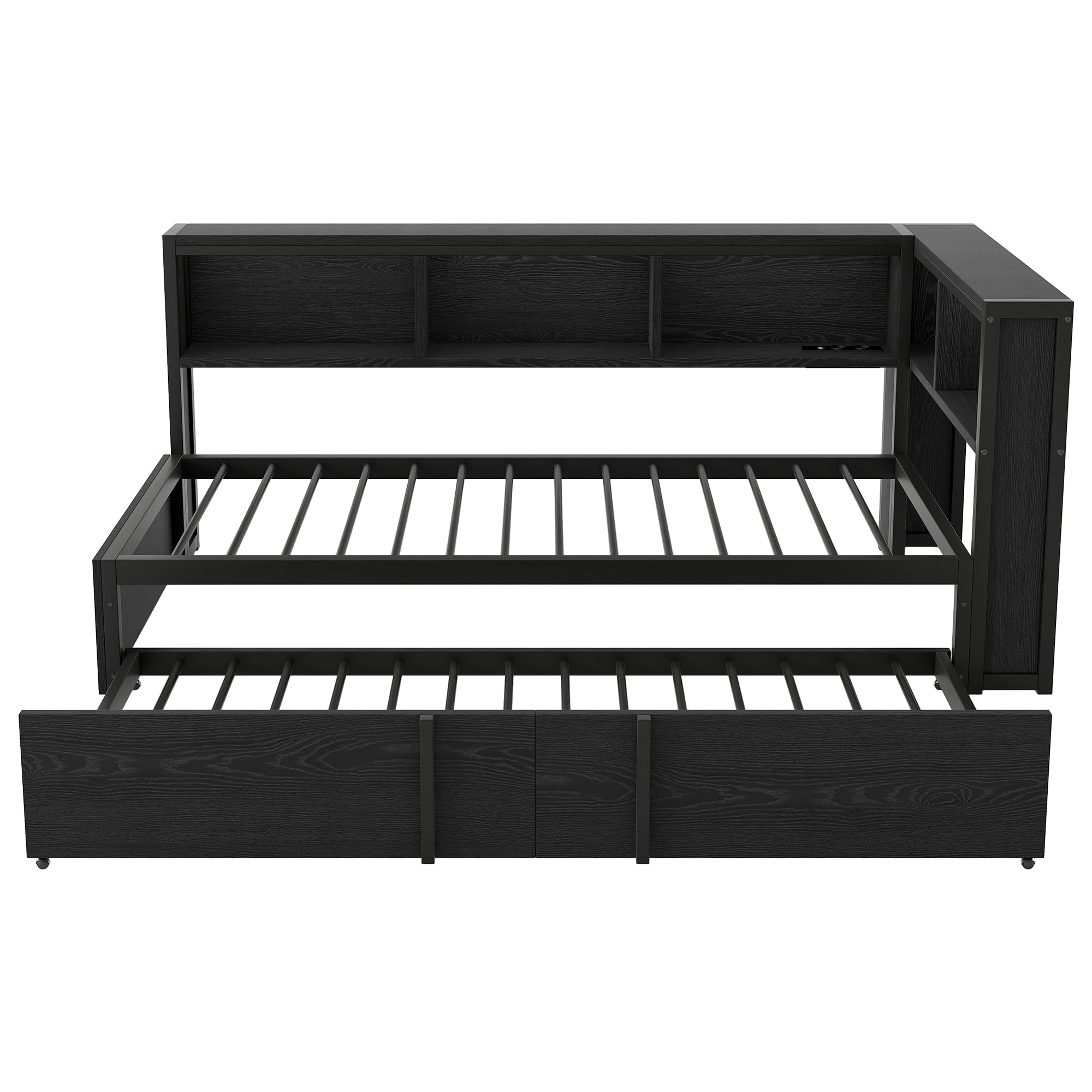 Cama de metal de 90 x 200 cm con cama nido, armarios de almacenamiento, iluminación LED y puertos USB (negro)