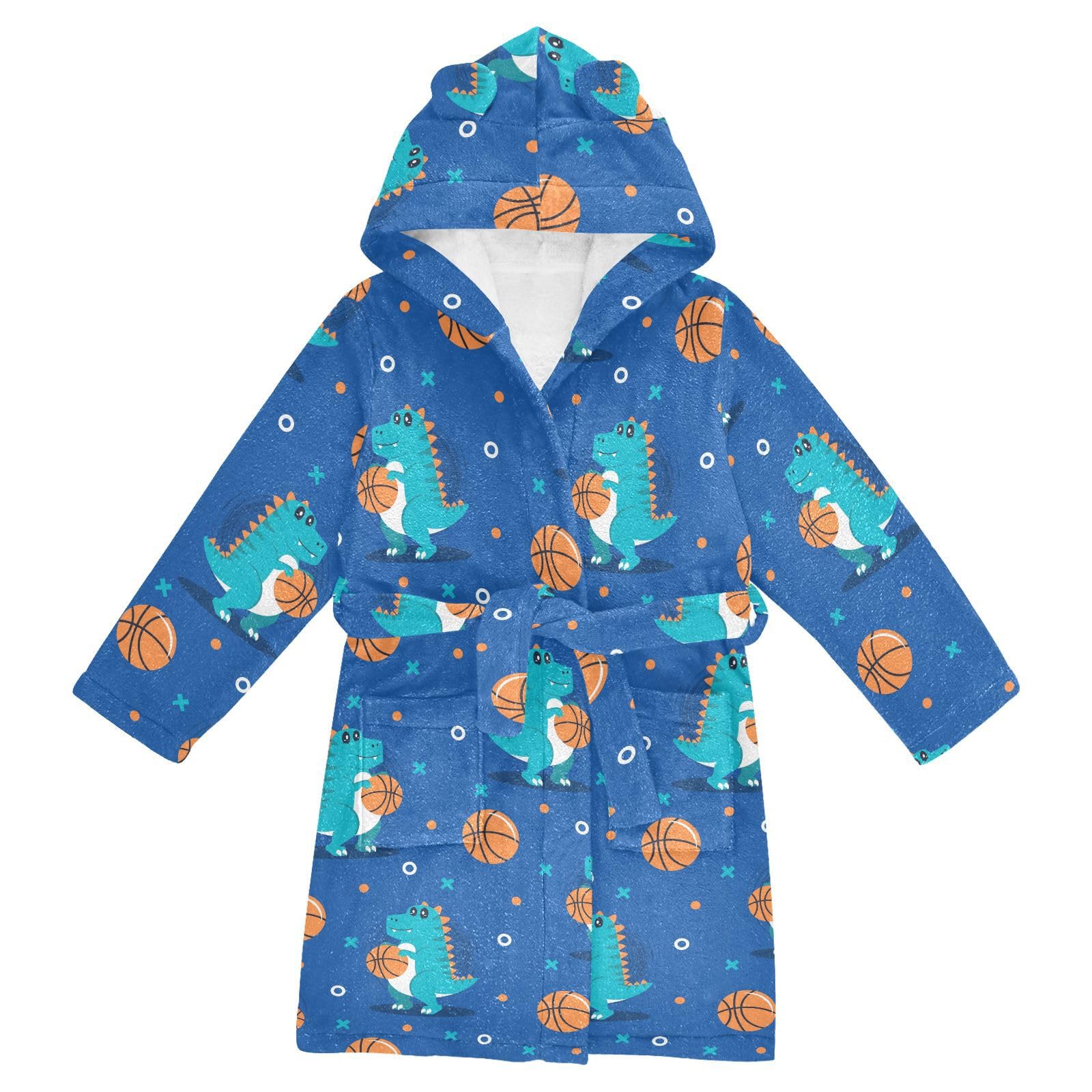 WIFIU Toddler Baby Hooded Bathrobe for Boys Girls Cartoon Dinosaur Play Basketball Printed, Soft Plush Bath Towel Robe with 2 Pockets for 7-9 Years
