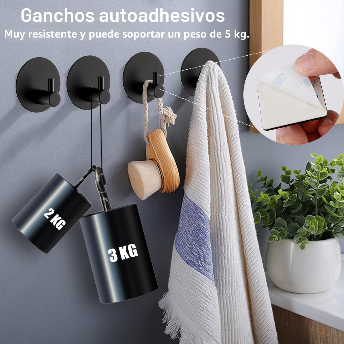 Drenky Colgadores Adhesivos Resistentes 2 Piezas, Colgador Adhesivo Sin Taladro Ganchos Adhesivos Para Pared Acero Inoxidable 304 Perchas Adhesivas Con Almohadillas Adhesivas Para Cocina Y Baño Negro