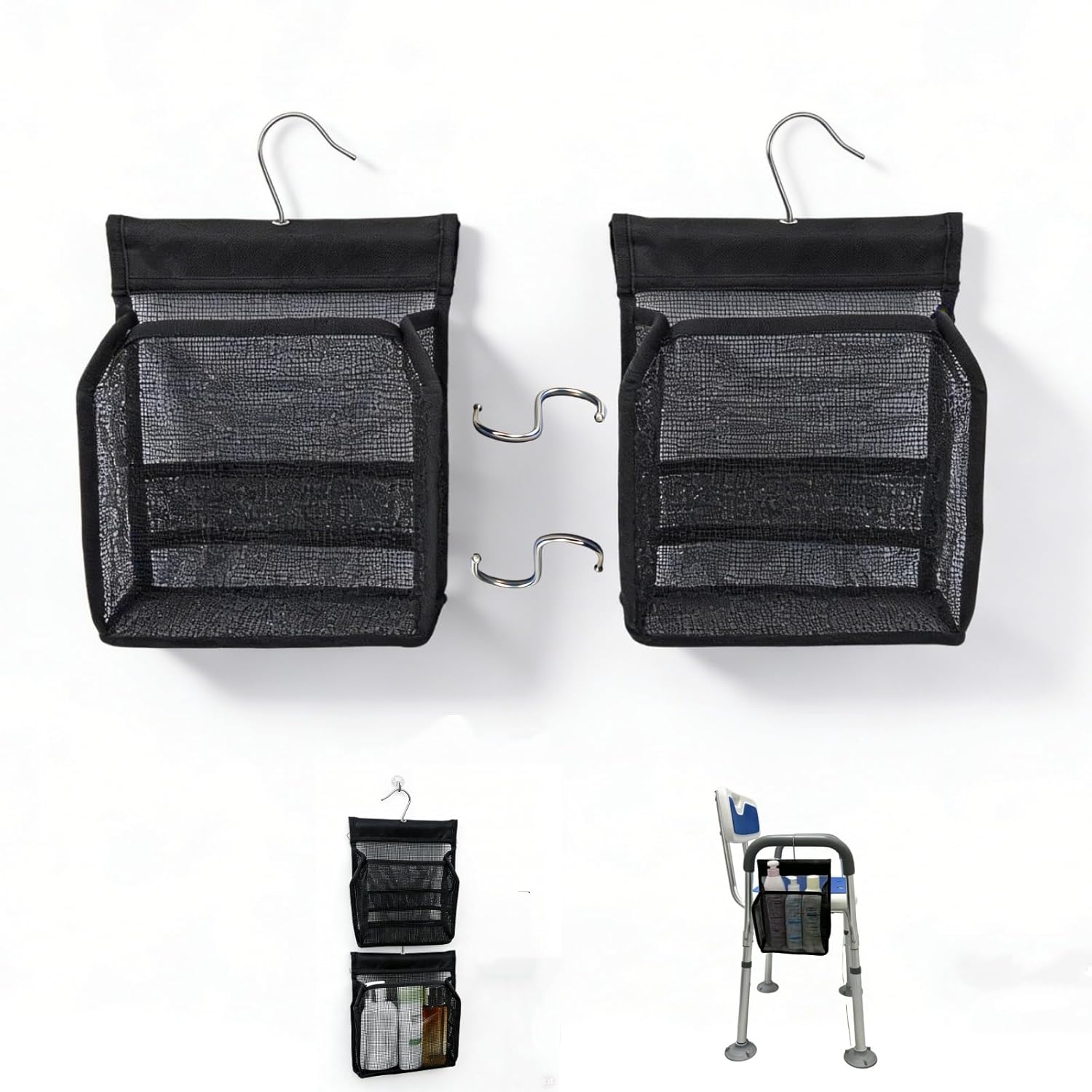 SHXJHXC Hanging Shower Caddy for Shower Chair - Mesh Storage Bag with Hooks for Elderly Pregnant Disabled Bathroom