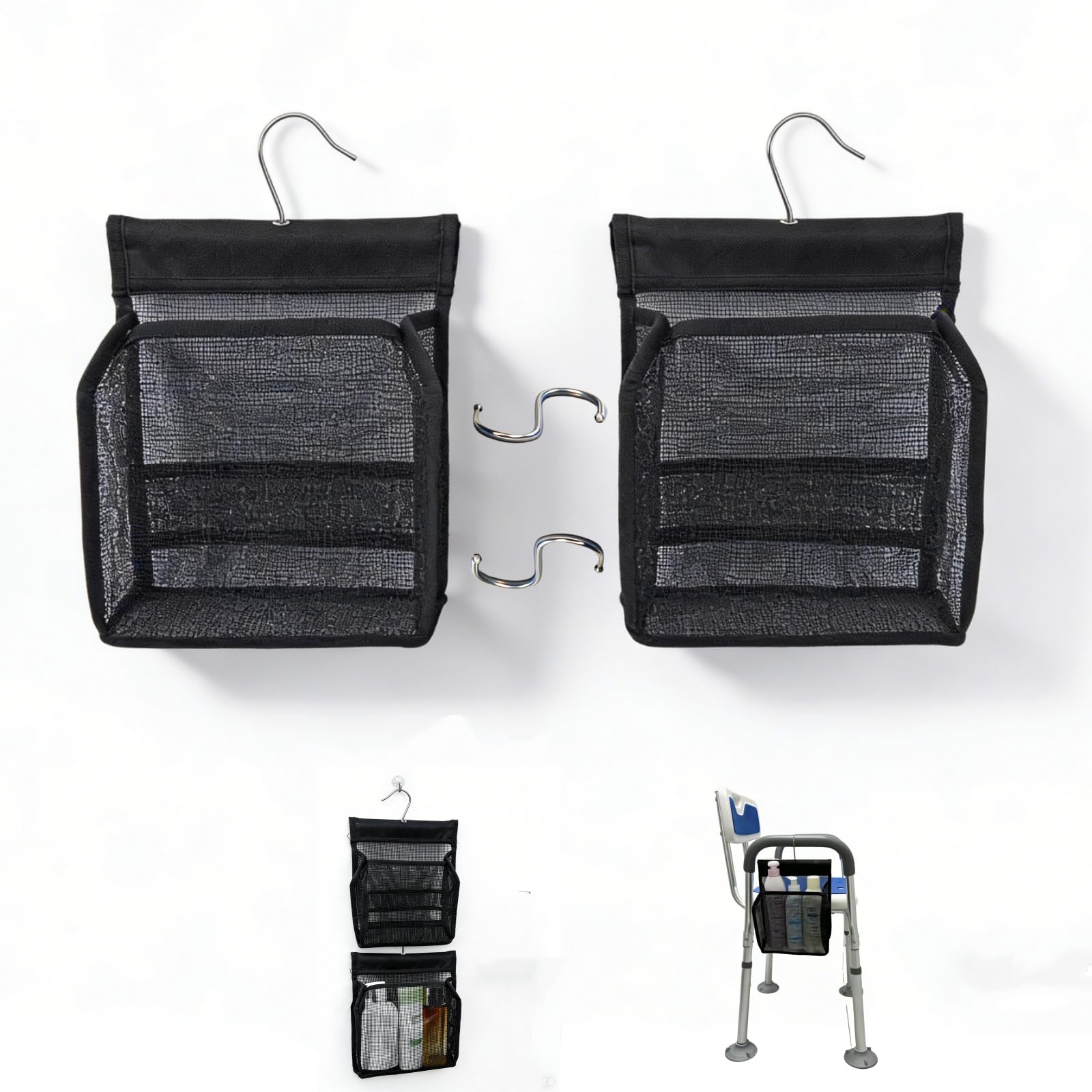 SHXJHXC Hanging Shower Caddy for Shower Chair - Mesh Storage Bag with Hooks for Elderly Pregnant Disabled Bathroom