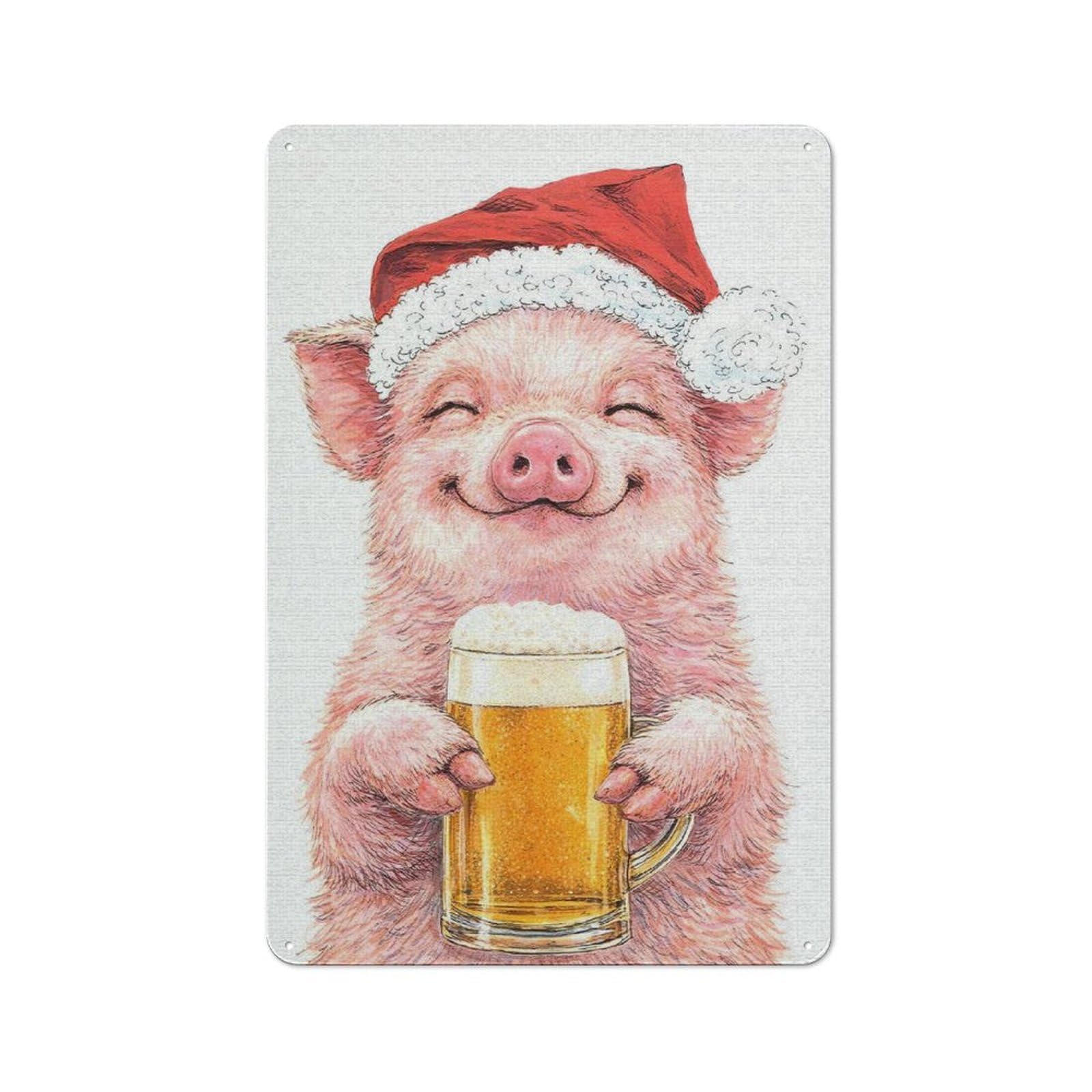 Shop Front Style Pig in Santa Hat with Beer Cafe Metal Sign 30x20cm, Bistro Wall Plaque for Tea Room, Shop Wall Or Breakfast Area