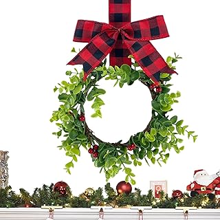 リボン付きクリスマス リース、ファームハウス クリスマス リース | クリスマス リース11.81 インチ フロント ドア クリスマス リース、格子縞のリボン、レッドベリー - 農家の素朴なスプリングドアハンガー、玄関階段窓フロントドア用