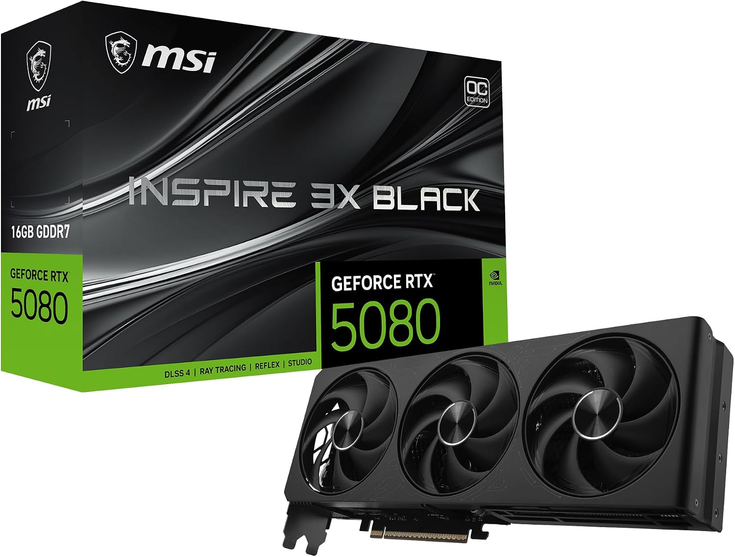 Gaming RTX 5080 16G Inspire 3X OC Black Graphics Card, GPU (16GB GDDR7, 256-bit, Extreme Clock 2655 MHz, DisplayPort x 3 2.1a, HDMI 2.1b, NVIDIA Blackwell Architecture)