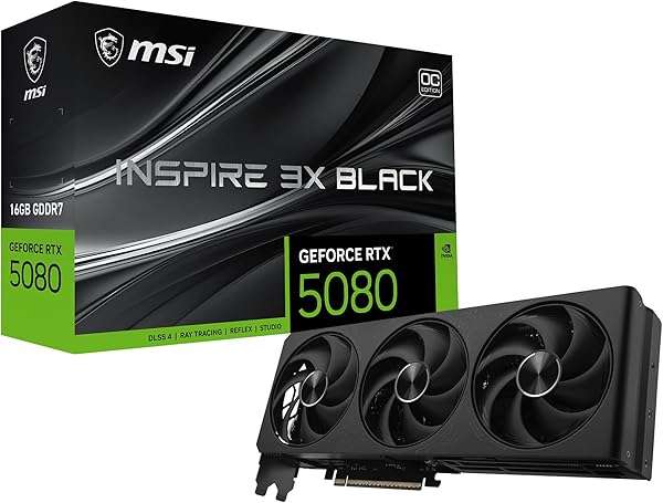 msi Gaming RTX 5080 16G Inspire 3X OC Black Graphics Card (16GB GDDR7, 256-bit, Extreme Clock 2655 MHz, DisplayPort x 3 2.1a, HDMI 2.1b, NVIDIA Blackwell Architecture)