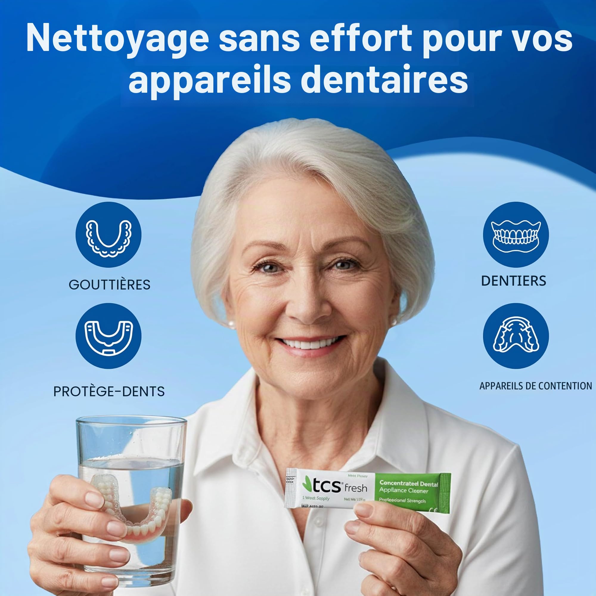 TCS Fresh Kit de nettoyage pour appareils dentaires – 6 mois d'approvisionnement – Solution de nettoyage concentrée de force professionnelle avec brosse dentaire à poils doux