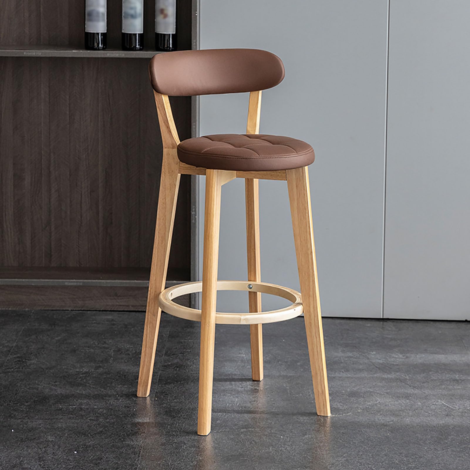 Fslvmin Counter Height Bar Stools, 28" Faux Leather Upholstered Bar Chair with Padded Seat, Solid Wood Legs with Footrest, Barstools for Kitchen Island Dining Room(Set of 1, Brown)