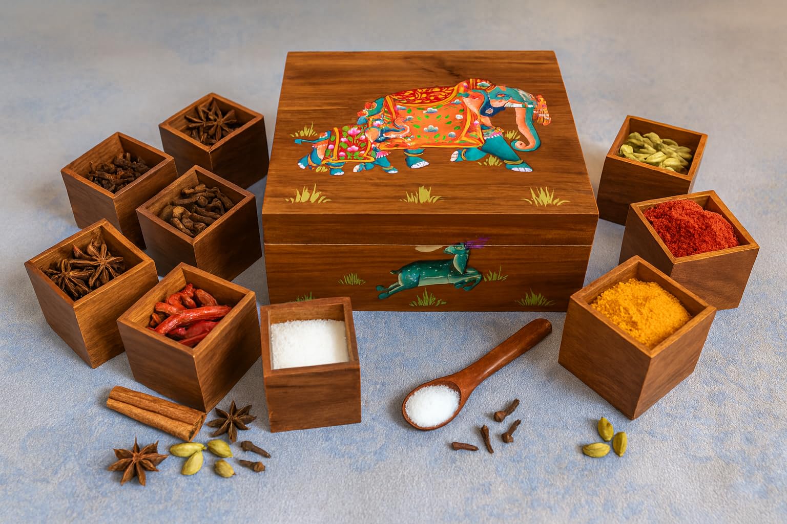 Buy CRAFTBERRIES, Décorative Teak-wood Spice Box, wooden Masala