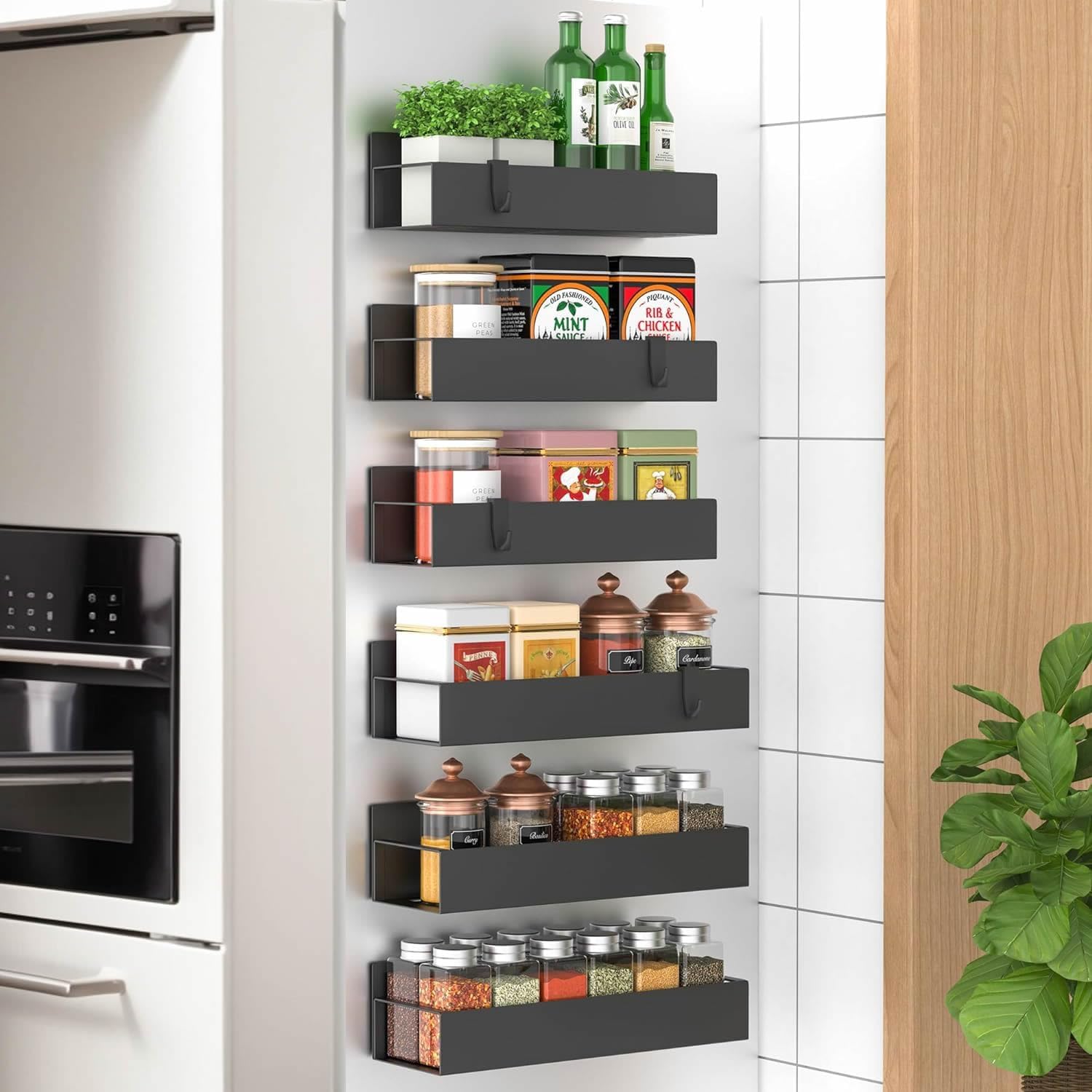 6 Pack Magnetic Spice Storage Rack Organizer for Refrigerator and Oven, Moveable Magnetic Spice Organizer, Black Metal Strong Magnetic Shelf for Fridge and Microwave Oven