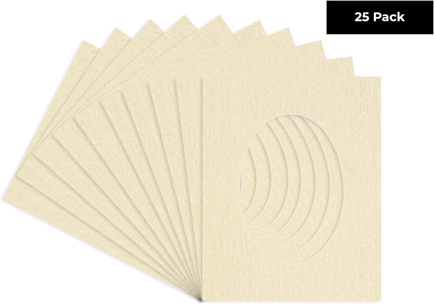 Poster Palooza 3x5 Mat For 6x7.5 Frame - Precut Fresh Linen Canvas Oval Shaped Photo Mat Board Opening - Acid Free Matte to Protect Your Pictures - Bevel Cut for Family Photos, Pack of 25 Matboards