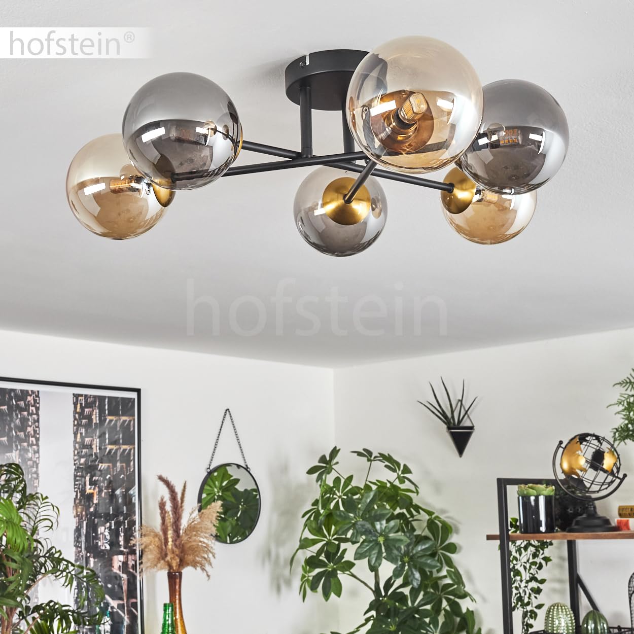 Hofstein Chehalis - Lampada da soffitto in metallo/vetro in nero/oro/ambra/fumé, illuminazione in stile moderno retrò/vintage con paralumi in vetro (Ø 12 cm), 6 x G9