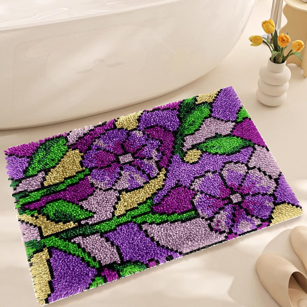 FJEOLEN Latch Hook Kits for Adults Kids Beginners, DIY Latch Hook Rug Kits, Flower Printed Canvas Non-Slip Mat, DIY Rug Crochet Yarn Kits for Home Sofa Decoration 20.47 x 14.96 inches