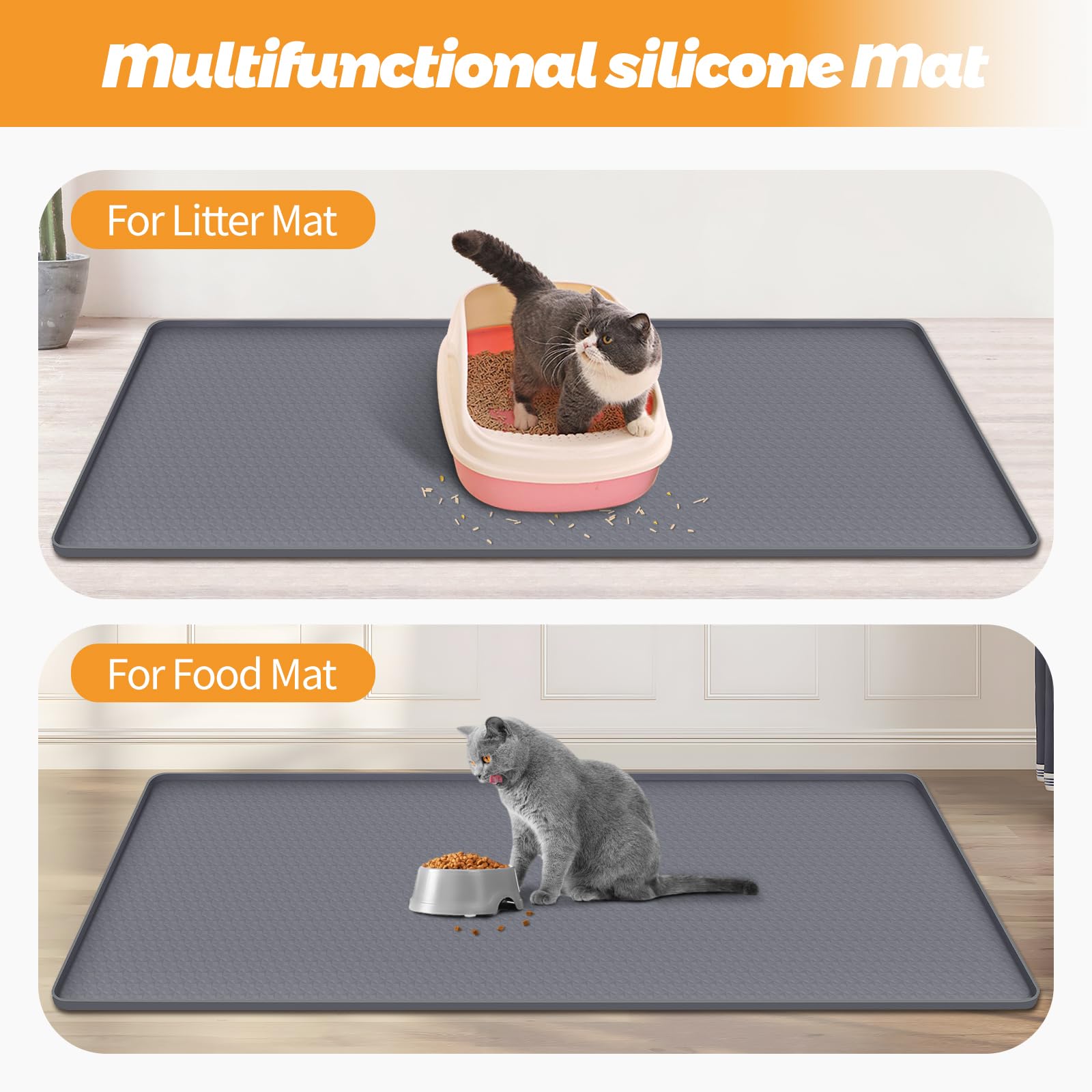 Katzenklo Matte, Übergröße Katzenstreumatte 130 x 65cm Silikonmatte zur Streukontrolle, sanft zu Katzenpfoten, leicht zu reinigen (Grau)
