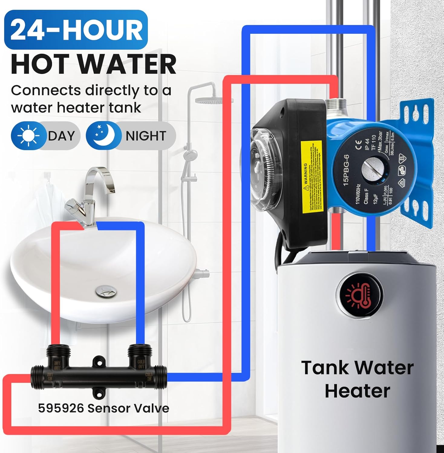 Upgraded Instant Hot Water Recirculation Pump Replacement Kit for watts 0955805 and grundfos 595916, with Programmable Timer – 2 Brass Sensor Valves (595926), 4 Supply Lines, 4 Adapters