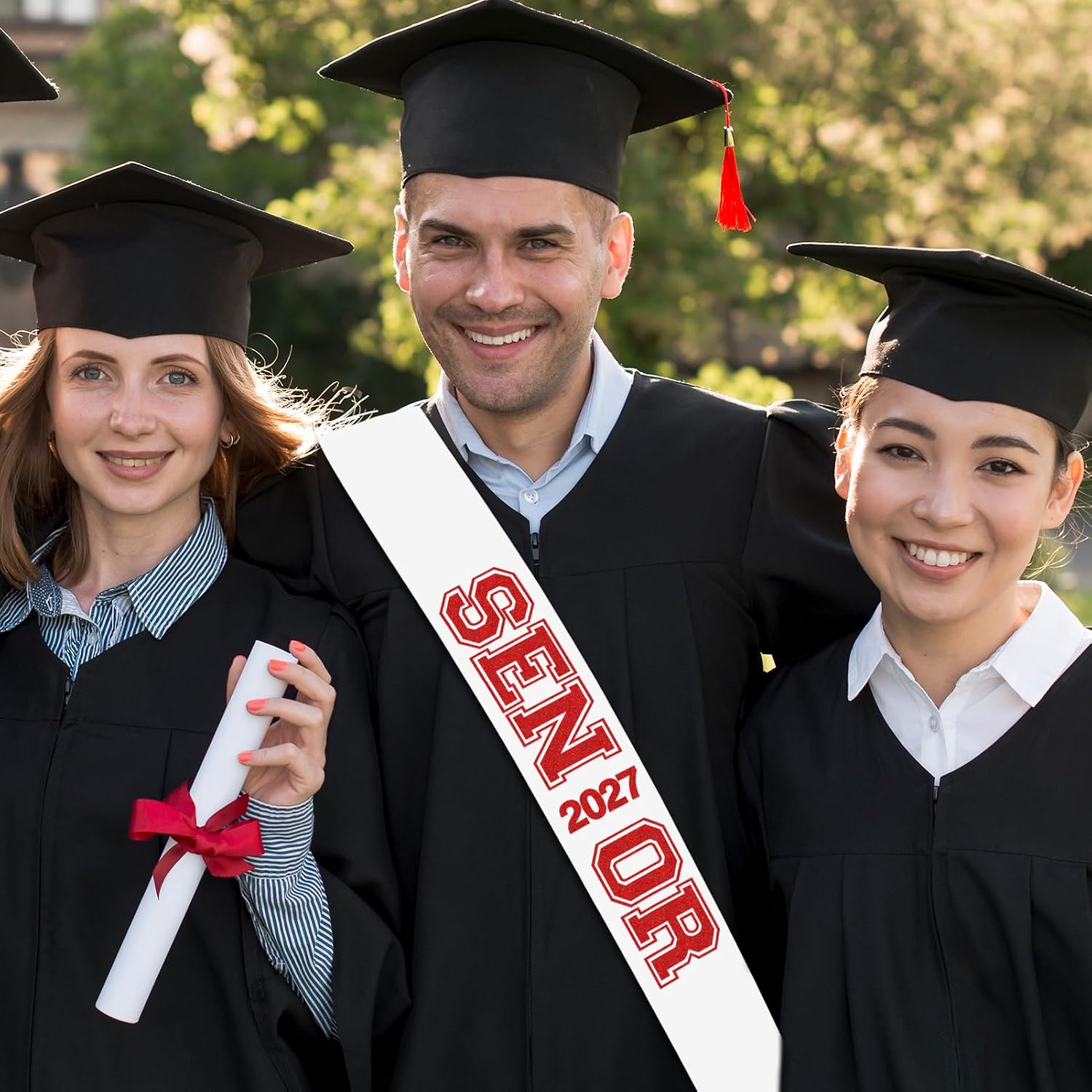 White Senior 2027 Sash with Red Glitter Printing Letters