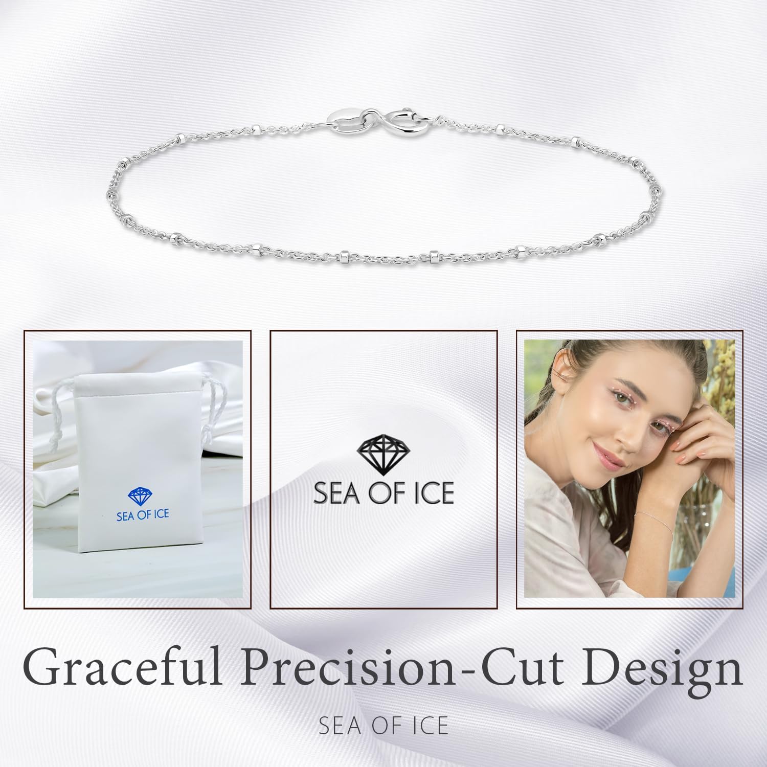 SEA OF ICE Sterling Silver 1mm Diamond-Cut Bead Station Rolo Chain Bracelet for women, Size 7.25" - Image 6