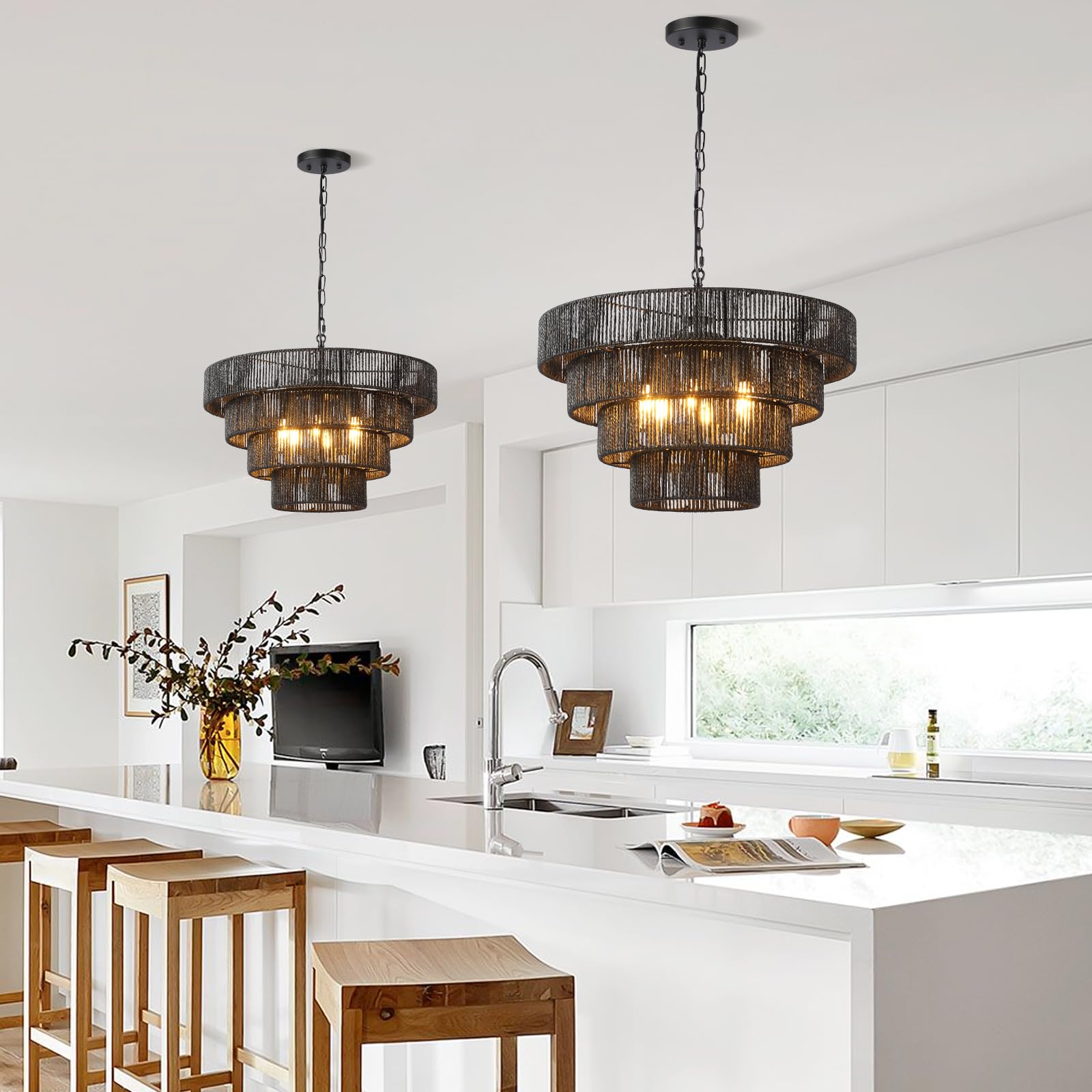 50Cm Boho Pendelleuchte,Handgewebt Lampenschirm Rattan 6-Leichter HäNgelampe 4 Runde ÜBergangs-Rustikal GroßEr Lampenschirm HäNgelampe FüR Esstisch Wohnzimmer KüChe Schlafzimmer,Matt Schwarz
